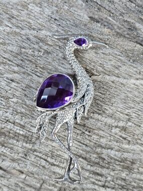 NICKY BUTLER Designer 925 Sterling Silver Purple Amethyst Quartz Heron Brooch NB